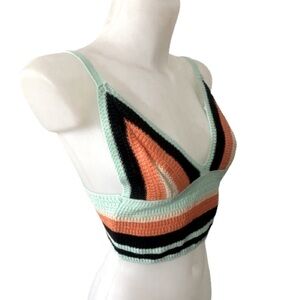 Zara Crochet Knit Cropped Multicolor Striped Triangle Halter Tank Top S